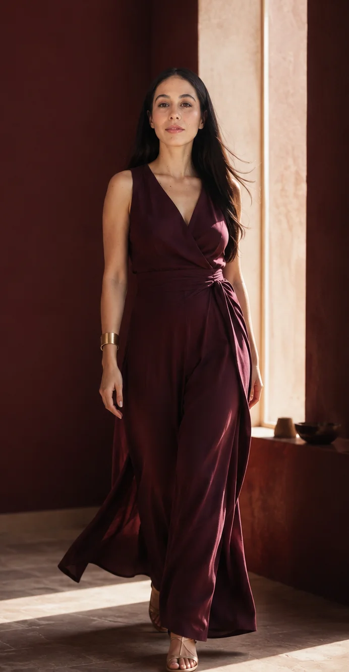 Kalì Franca em vestido vinho junto a uma janela